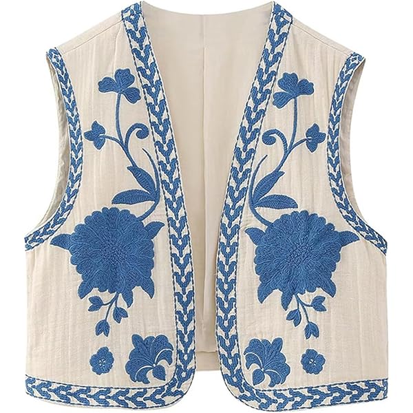 Meihuida Women Embroidered Vest Top Y2k Vintage Open Front Floral
